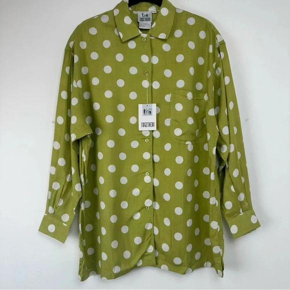 Together! Tops - Together! Women’s Button Down Top Size Medium Green Polka Dot Rayon Maximalist